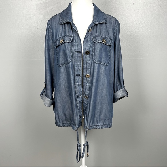 Chico's Jackets & Blazers - Chico’s roll sleeve shiny chambray button up drawstring waist jacket, 0 = 4/6.